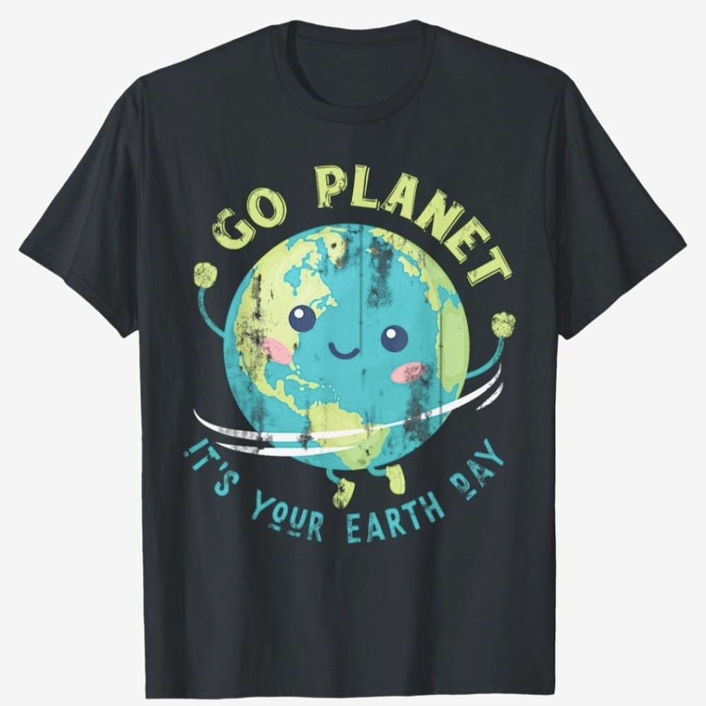 New " Go Planet It's Your Earth Day " Black Tee Cotton Ring Spun Plus Size Globe